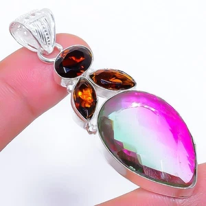 Ciondolo gioiello in argento sterling 925 con tormalina bicolore, pietra prez... - Foto 1 di 5