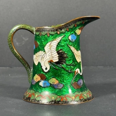 Mini jarro japonês meiji cloisonne guindastes de esmalte verde 3 polegadas design raro - Imagem 1 de 4