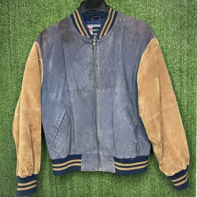 Vintage Free Country Suede Leather Camel Navy Bomber Varsity Jacket Size M C16 - Image 1 of 4