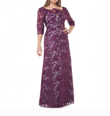 JS Collections 867009 Scallop Neck Embroidered Lace Gown SZ 4Purple Wine - Image 1 of 4