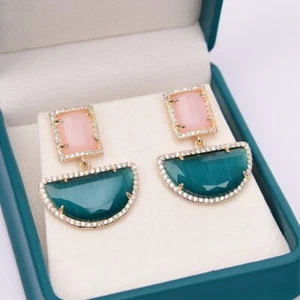 Natural Green Pink Cat Eye Dangle Stud Earrings Semicircle Shape Stone Earrings - Picture 1 of 9