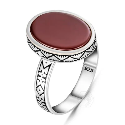 925 Sterling Silver Oval Flat Agate Stone Turkish Style Men's Ring - Image 1 of 4