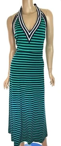 Cynthia Rowley 'Lisbon' Striped Halter Maxi Dress Sz L Green & Navy Rayon/Nylon - Picture 1 of 8