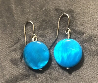 Handmade Blue Shell Dangle Style Earrings  - Image 1 of 4