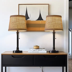 Cottage Style Black Pull Chain Table Lamps Set of 2 for Bedroom Living Room 20'' - Picture 1 of 7