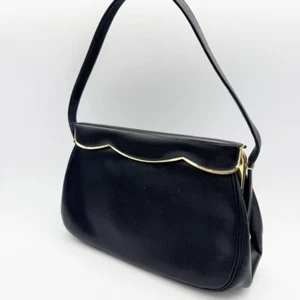 60's Etna Handbag Kiss Lock Close Vintage Womens Black Leather Clasp Italian - Picture 1 of 8