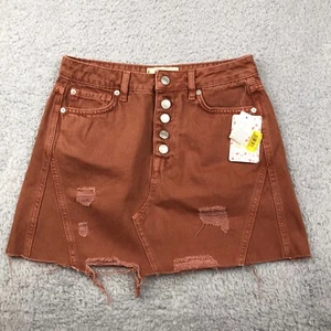 Gonna donna We The Free People 26 marrone effetto invecchiato taglio denim bottoni mosca NUOVA - Foto 1 di 11