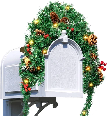 Hanna Roberts Christmas Mailbox Swag with Lights, Berries, and Pine Cones - Image 1 of 4