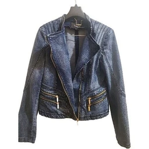 Women's Denim Asymmetrical Jean Moto Biker Style Jacket Asymmetrical Zip Blue XS - Picture 1 of 8