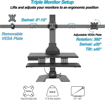 AVLT Triple 32" Monitor Electric Standing Desk Converter with Huge Keyboard Tray - Image 1 of 4