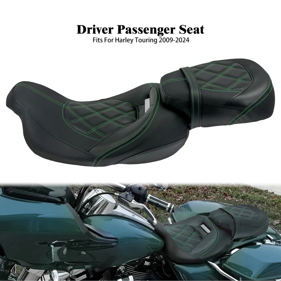 2-Up Driver Passenger Seat Green Lattice For Harley Touring Street Glide 09-24 - Imagem 1 de 4