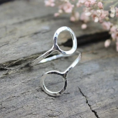 Sterling Silver Hammered Circle Wrap Rings Handmade Crossover Rings For Promise - Image 1 of 4