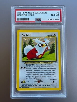 PSA 8 DOUBLE HOLO ERROR Delibird #5 Rare Neo Revelation Pokemon 2001 Near Mint - Image 1 of 2