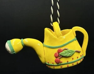 Vintage 90s Mary Engelbreit Mini Watering Can Dough Ornament Yellow Red Cherries - Picture 1 of 15