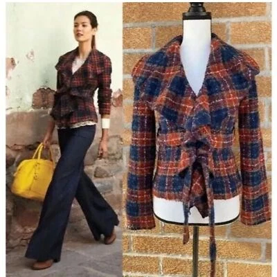 Blazer Anthropologie Tabitha Azul Cintura Corbata Tweed Volantes Cuello Lana a Cuadros Talla 0 Foto 1 de 4