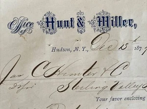 1877 Hudson New York Hunt & Miller Office Stationery Business Receipt - Picture 1 of 5