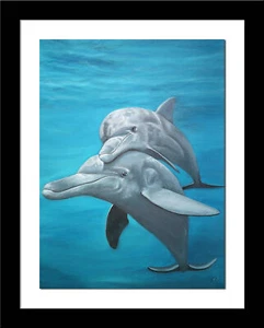 FRAMED Mother Dolphin by Amy Valiante 16x20 Matted Nautical Creatures Art Print - Picture 1 of 3