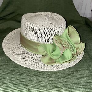 VTG Woven Wicker Explorer Hat Sun Hat Made in USA Gorgeous Green Now And Sash