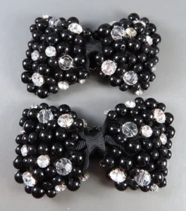 Vintage BLACK BOW SHAPED SHOE CLIPS Bead Clusters w/CLEAR RHINESTONES & CRYSTALS - Picture 1 of 5