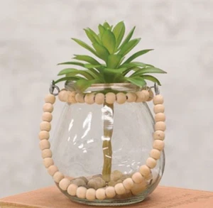 Wide Glass Jar w/Natural Beaded Handle, Farmhouse Decor, Boho Chic - Picture 1 of 3