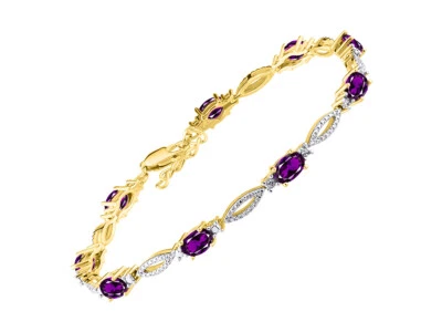 RYLOS Tennis Bracelet, 6x4mm Gemstones & Diamonds, Gold Plated Silver, 7-8". - Image 1 of 4