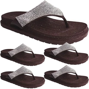 SLIP ON WOMENS LADIES LOW WEDGE COMFORT DIAMANTE FLIP FLOP SANDALS TOE POST SIZE - Picture 1 of 2