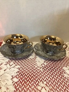 Juego de 2 tazas y platillos de té de mármol gris vintage Walbrzych de Polonia - Imagen 1 de 9