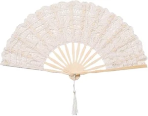 BABEYOND Cotton Lace Folding Handheld Fan Embroidered Bridal Hand Beige - Picture 1 of 8