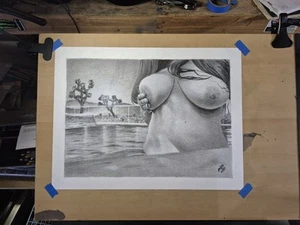 Original 18x24 Inch Charcoal Portrait Of Nude Woman In Desert/Joshua Tree - Picture 1 of 5