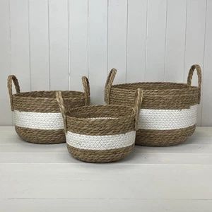 3er Set Seegraskörbe Aufbewahrung Naturweiß Detail Korb Deko Aufbewahrung - Bild 1 von 2