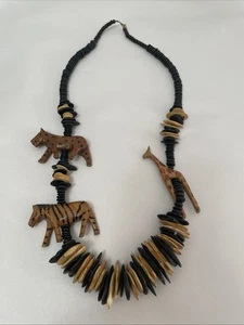 Tribal/ Safari Hand Carved Wooden Animals & Spiral Bead Necklace 28” - Picture 1 of 9