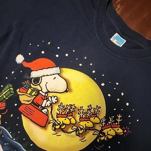 Vintage 90s Peanuts Shirt Men Large Blue Christmas Santa Snoopy Woodstock - Picture 1 of 5