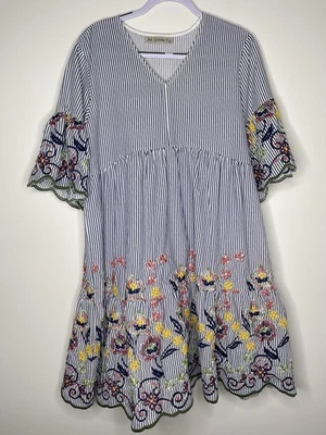 Soul Sparrow Womens Dress Size M Striped Embroidery Tiered Short Sleeve Cotton - Image 1 of 4