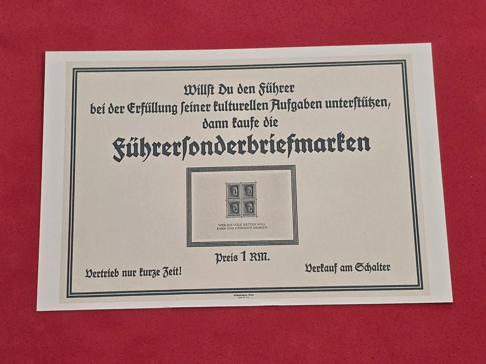 BIRTHDAY STAMP BLOCK AD CARD THIRD REICH German Propaganda Postcard WW2 WWII - Image 1 of 1