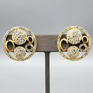 Crystal Pave Gold Tone Abstract Circle Clip Earrings - Picture 1 of 8