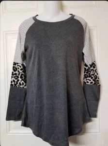 Women's Long Sleeve Leopard Color Block Tunic Comfy Stripe Shirt Size S - Picture 1 of 2