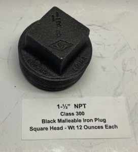 1-1/2" Class 300 Black Malleable Iron Plug - Square Head - NPT - Class 300 - - Picture 1 of 7
