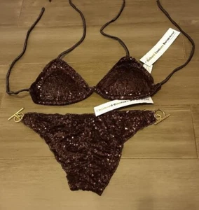 Brown Sequin Scrunch Bottom Gold Toggles Brazilian Bikini Women's Swimwear USA - Picture 1 of 4