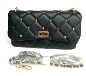 BADGLEY MISCHKA Borsa a tracolla nera diamantata trapuntata e borchie oro, vegan, nuova con etichette - Foto 1 di 8