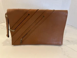 Vintage Tan Leather Clutch Purse Wristlet 7.5” x 11” Handbag Mid Century - Picture 1 of 7
