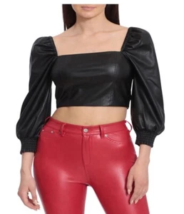 Avec Les Filles Vegan Leather Puff Sleeve Cropped Top Size L Black NWT - Picture 1 of 14