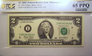 2003 $2 Federal Reserve Note PCGS 65 PPQ Marin, Snow - Picture 1 of 2