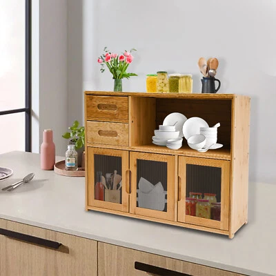 Kitchen Pantry Sideboard Bamboo Storage Cabinet Buffet Pantry with Doors &Drawer - Image 1 of 4