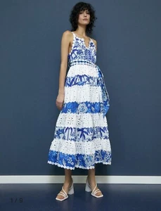 Farm Rio NWT Blue & White Floral Eyelet Maxi Dress Women’s L - Picture 1 of 21