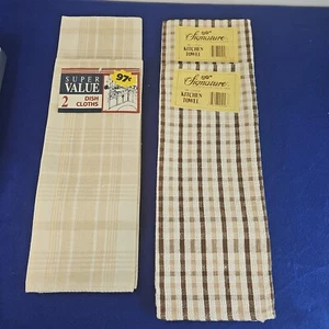 NWT Set Of 5 Beige, Brown And White Checkered Kitchen Towels 100% Cotton - Picture 1 of 5