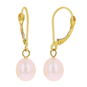 14k Yellow Gold Oval Pastel Freshwater Pearl Dangling Earrings 2 grams - Picture 1 of 3