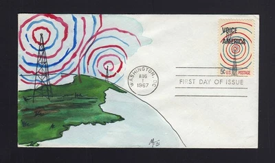 FDC: #1329 1967 5c Voice of America - Cachet pintado a mano Melissa Fox  Foto 1 de 2