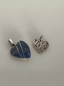 Two Vintage Sterling Silver Heart "Love" And Blue Lapis Inlay Hearts Charm 8C - Picture 1 of 5