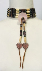 Girocollo pipa capelli osso 4 file nativi americani con ciondolo cuore perline in vetro - Foto 1 di 17