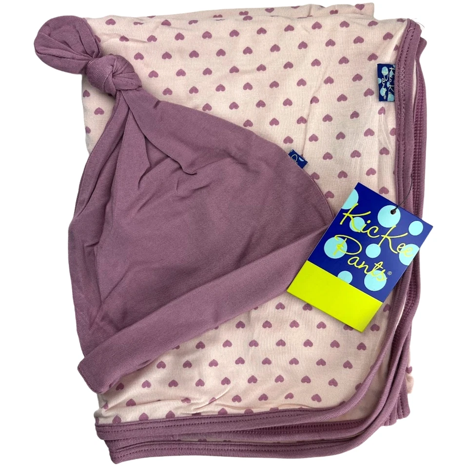 KicKee Pants Tiny Hearts Bamboo Swaddle Blanket Knot Hat Set Newborn Infant NWT - Image 1 of 4